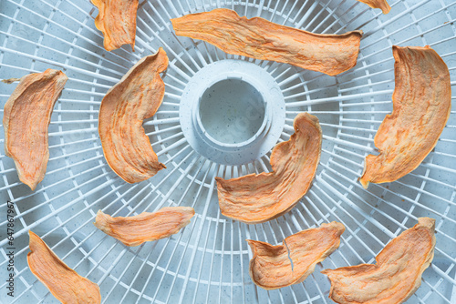 Healthy, dehydrated sweet potato dog chews or treats.