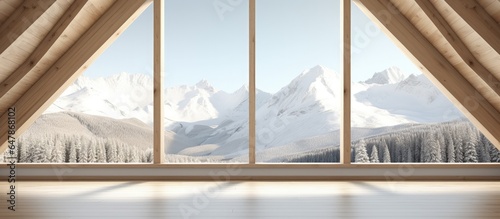 illustration of a modern white eco house with a panoramic winter meadow view and wooden roof trusses