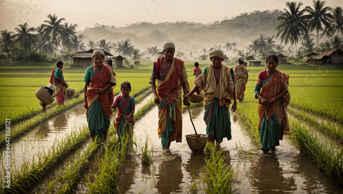 A family of farmers working together in the rice paddy field. Multiple generations are involved in the harvest, reflecting the deep-rooted farming traditions of rural India.