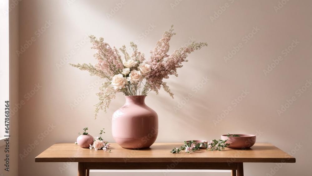 A sleek wooden table, a minimalist vase, and dried flowers stand against an empty wall baby pink color, offering a clean and versatile background.