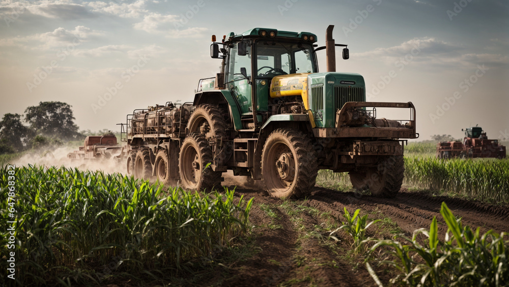 Tractor in a field, agriculture, with a focus on the synergy between traditional wisdom and modern machinery in cultivating sugarcane. Tractor in a field, agriculture, with a focus on the synergy between traditional wisdom and modern machinery in cultivating sugarcane.