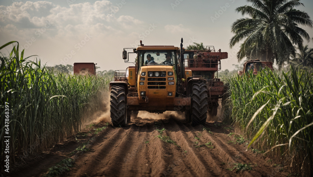 Tractor in a field, agriculture, with a focus on the synergy between traditional wisdom and modern machinery in cultivating sugarcane.