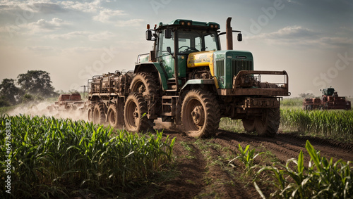 Tractor in a field  agriculture  with a focus on the synergy between traditional wisdom and modern machinery in cultivating sugarcane.