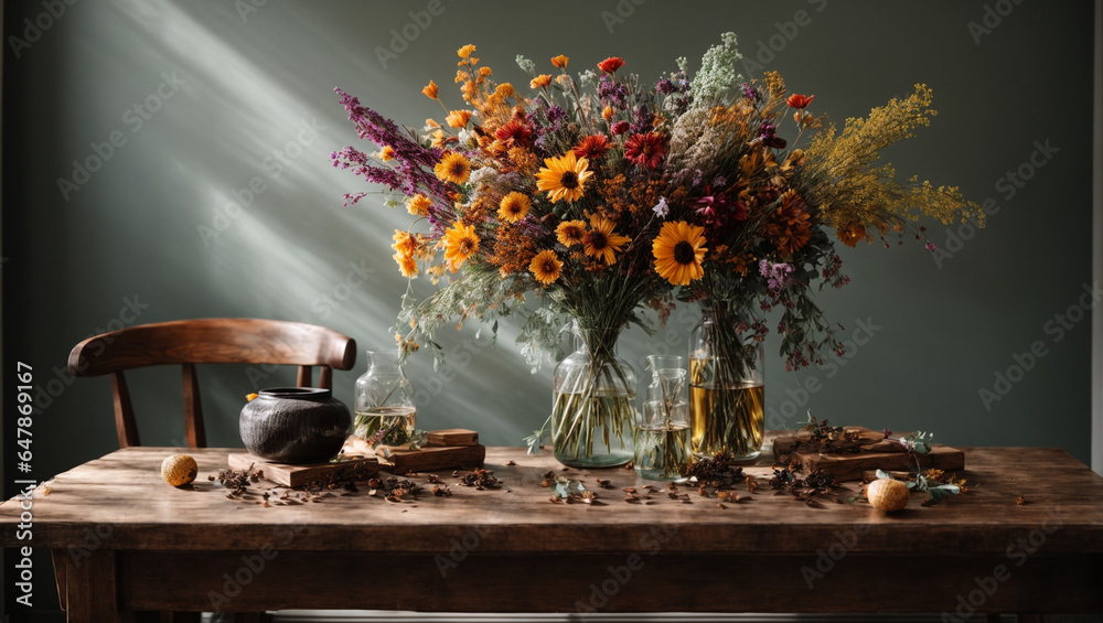 Wooden table and an eclectic glass vase filled with an assortment of dried flowers. The empty wall contributes to the artistic and free-spirited vibe. Wooden table and an eclectic glass vase filled with an assortment of dried flowers. The empty wall contributes to the artistic and free-spirited vibe.