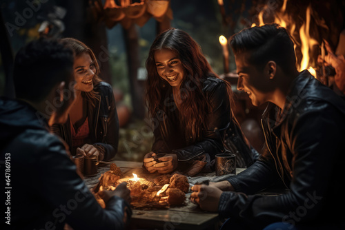 A group of friends celebrates Halloween by carving pumpkins and telling spooky stories around a campfire, combining timeless traditions with modern tales. Generative Ai.