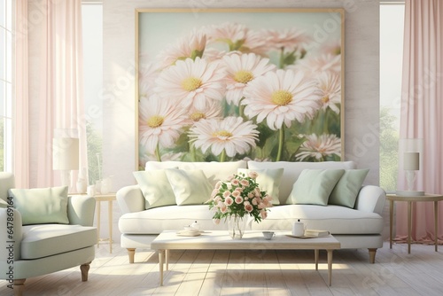 Interior of a living room with large daisy flowers in a soft and pastel color scheme. Generative AI