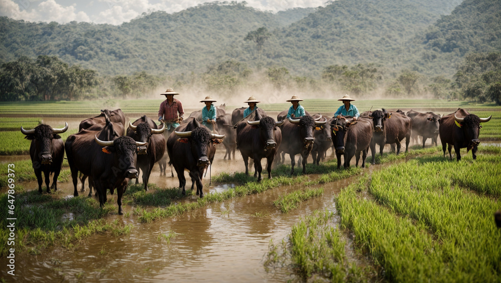 Obraz premium Farmers are using water buffaloes to help with the rice harvest. The gentle giants wade through the field while farmers cut the rice, offering a unique perspective on traditional farming.
