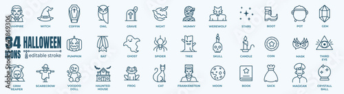 Happy Halloween set of elements, ghost, pumpkin, bat and cat - minimal thin line web icon set. Outline editable icons collection. Simple vector illustration.