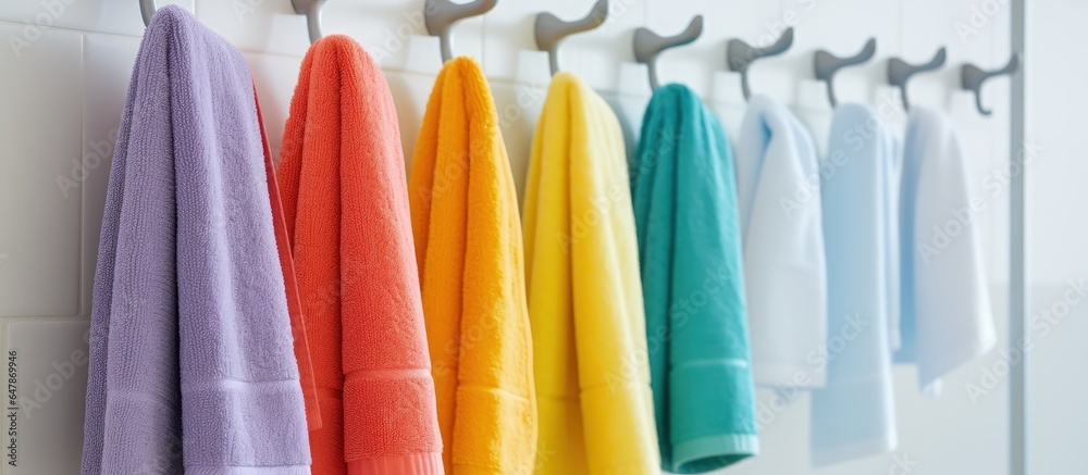 Freshly washed colorful towels displayed on bathroom hooks emphasizing the top part and towels