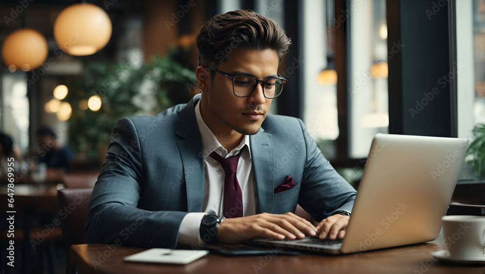 Fototapeta premium Businessman working on laptop in cafe, Man working on laptop, businessman or freelancer with computer in cafe at table. Young man in glasses and suit typing on laptop.