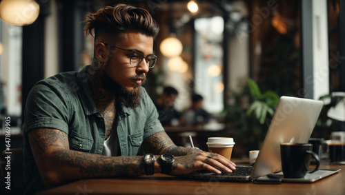 Young man working on laptop in cafe having coffee on table. man with tattoo, designer freelancer or student work on computer laptop at table.