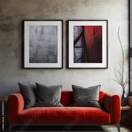 Red sofa in a room with a picture frames.