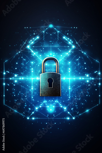 Cyber security concept. Lock symbol from lines and triangles, point connecting network on blue background. High quality photo