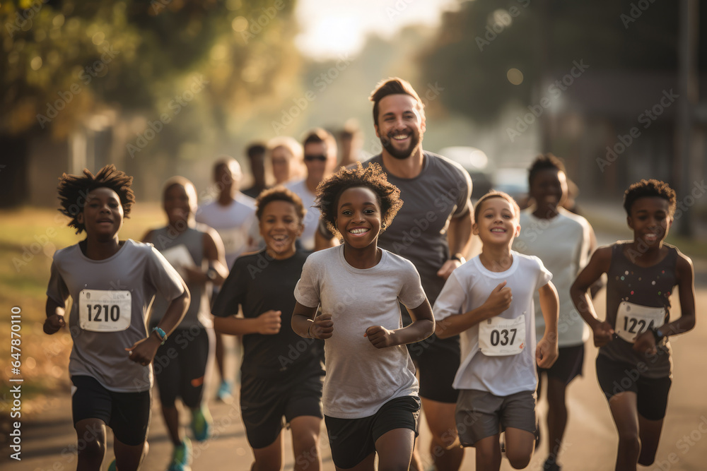 A group of neighbors participates in a charity run organized within their community, highlighting the support and encouragement that arise from living in close proximity. Generative Ai. A group of neighbors participates in a charity run organized within their community, highlighting the support and encouragement that arise from living in close proximity. Generative Ai.