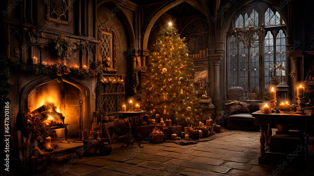 Christmas tree in a large, old candle lit room 