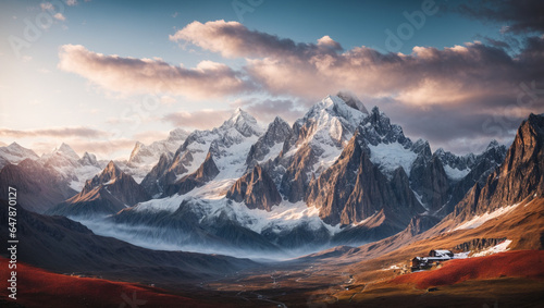 Sunset over the mountains, breathtaking mountain range with snowcapped peaks, and a vivid sky, providing a lifelike nature wallpaper.