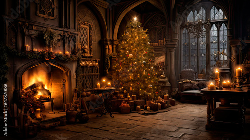 Christmas tree in a large, old candle lit room 