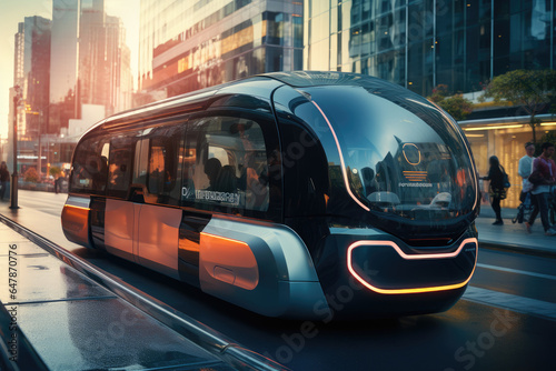 An autonomous shuttle transporting passengers in a city. Generative Ai.