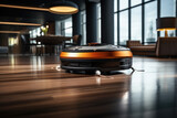 A robotic vacuum cleaner autonomously cleaning a large office space. Generative Ai.