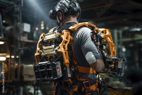 A robotic exoskeleton assisting a worker in heavy lifting tasks. Generative Ai.