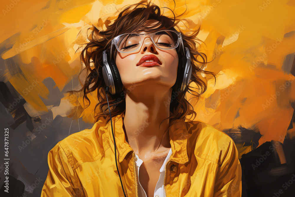 woman listening to music dressed in yellow shirt
