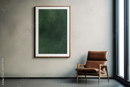 Room with a frame on the wall and armchair..