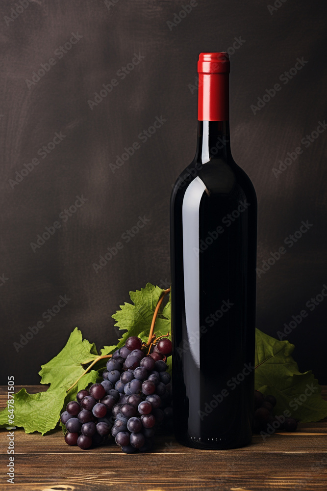 Vintage bottle of red wine with blank matte black label, bunch of grapes on wooden table, concrete wall background. Expensive bottle of cabernet sauvignon concept. Mock up. High quality photo