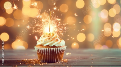 A festive cupcake with a sparkling sparkler on top, ready to celebrate a special occasion
