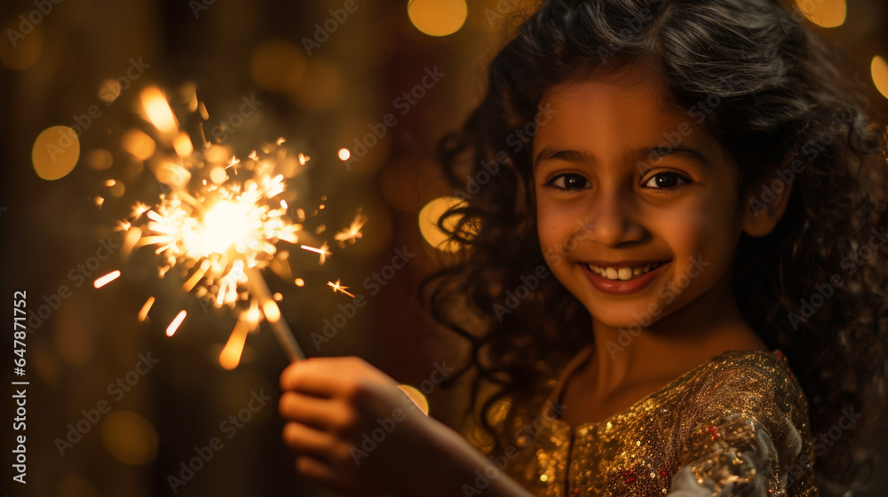 An Indian child playing with a sparkler during the Diwali festivities - obrazy, fototapety, plakaty 