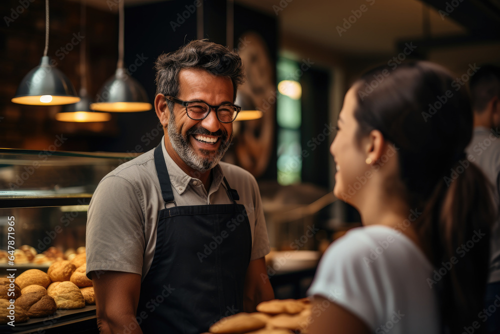A small coffee shop owner serving a loyal customer with a smile. Generative Ai.