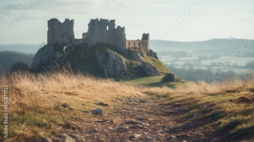Winding rocky dirt path going along grassy hills leading to old abandoned medieval castle ruins, carefree outdoor walking and hiking trail and beautiful vistas over the rural European countryside.