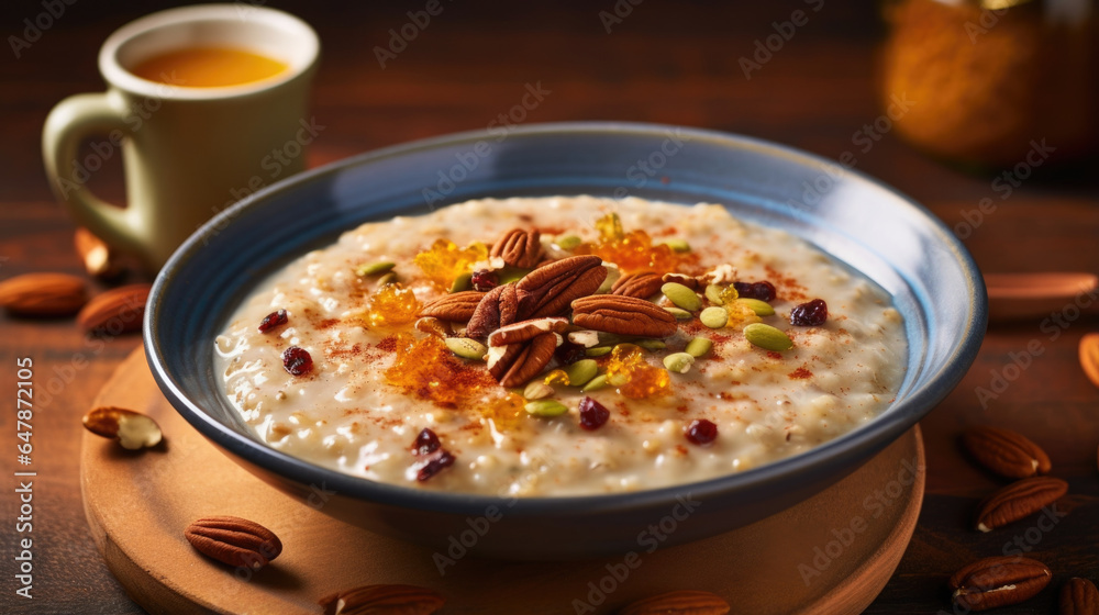 A bowl of warm, comforting porridge crafted from repurposed grains, complemented by a sprinkle of toasted nuts and a drizzle of homemade infused syrup. A bowl of warm, comforting porridge crafted from repurposed grains, complemented by a sprinkle of toasted nuts and a drizzle of homemade infused syrup.