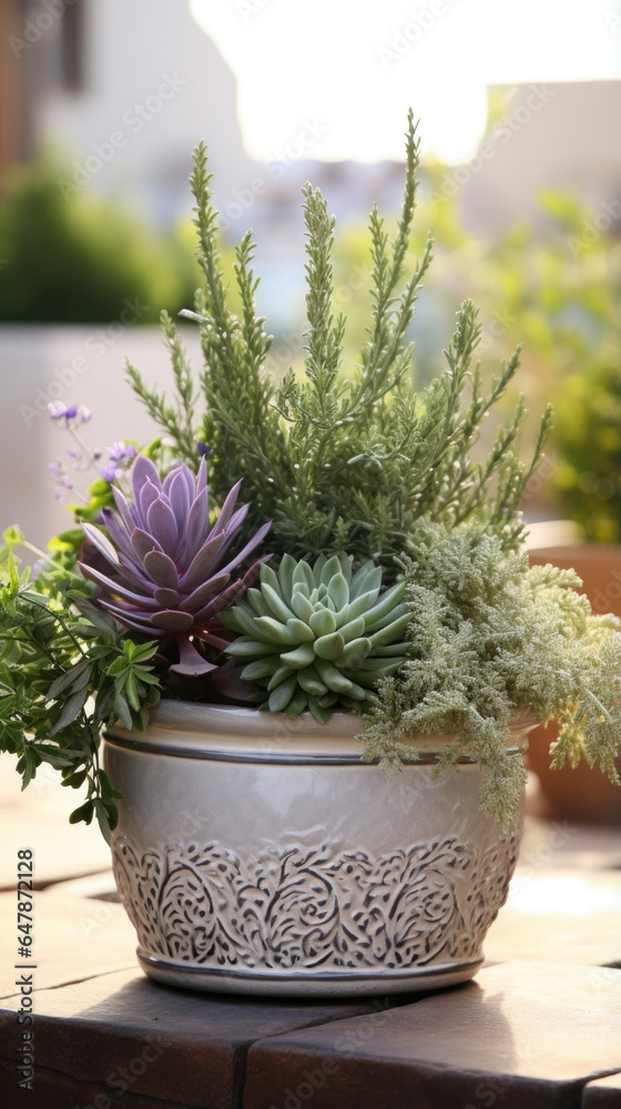 A Mediterraneaninspired planter featuring succulents of various shapes and sizes, nestled amidst tufts of rosemary, lavender, and silver sage, bringing a Mediterranean flair to your