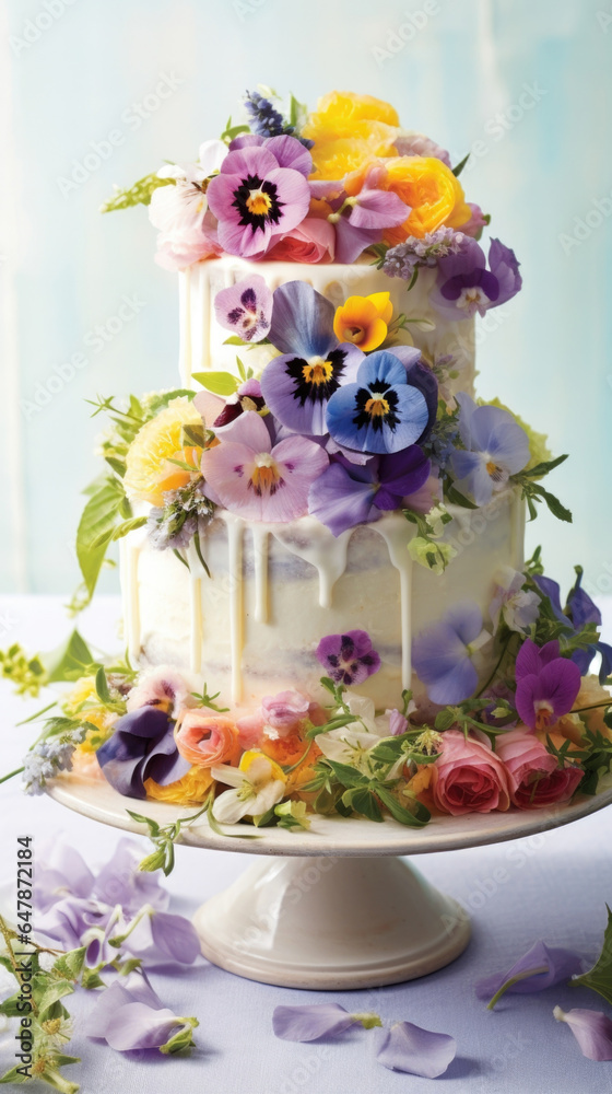 This cake is a feast for the eyes, with its captivating display of edible flowers that add a burst of color and texture to its already enticing appearance.