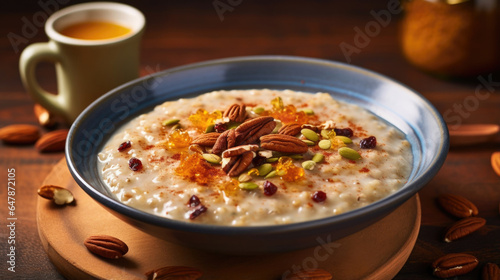 A bowl of warm, comforting porridge crafted from repurposed grains, complemented by a sprinkle of toasted nuts and a drizzle of homemade infused syrup.