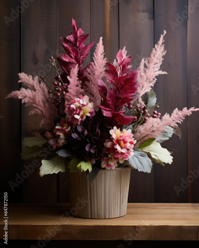 A cozy and warm arrangement featuring a mix of furry lambs ear leaves, deep burgundy heuchera, and delicate pink astilbe flowers, all tucked into a rustic wooden planter for a touch photo