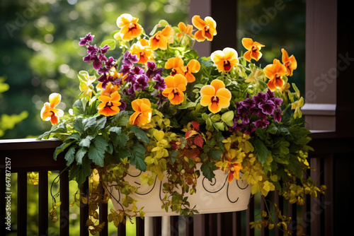 A lush planter filled with cascading ivy, autumn fern, and delicate flowering pansies, adding a touch of elegance to your porch or patio.