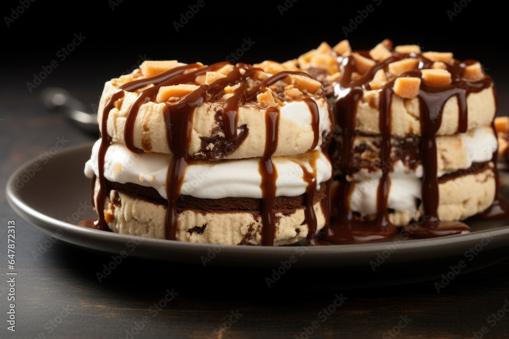 An irresistible treat featuring a medley of fluffy marshmallows, gooey caramel, and a crusty biscuit base, adorned with a drizzle of velvety chocolate – a delightful combination of