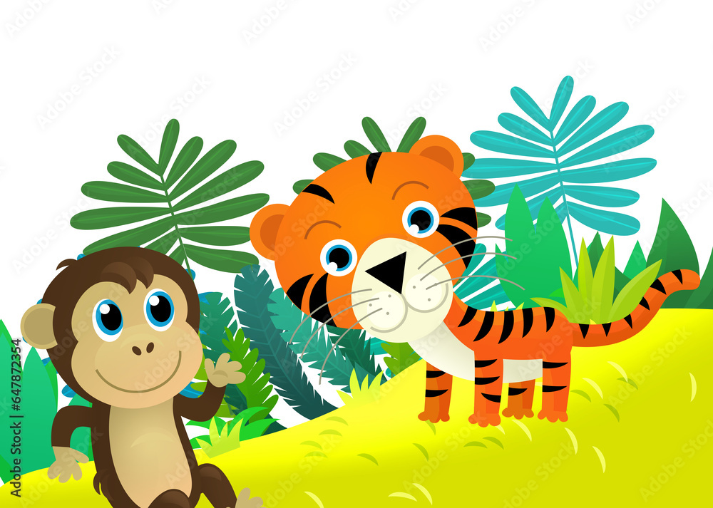 Fototapeta premium cartoon scene with happy tropical cat tiger in the jungle isolated illustration for children