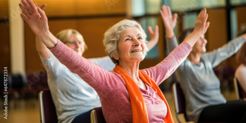 An engaging snapshot showcasing elderly participants comfortably seated on chairs, demonstrating chair yoga exercises that target the wrists and hands, enhancing joint mobility and