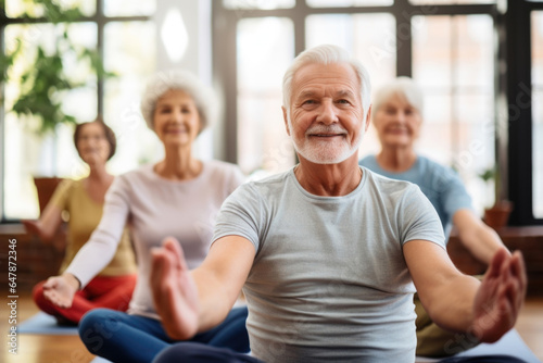 An artistic portrayal showcasing seniors seated comfortably on chairs, demonstrating modified yoga poses such as seated tree pose and seated eagle pose to enhance balance and stability.