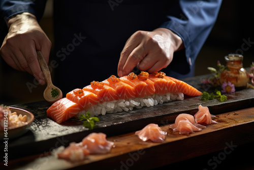 A sushi chef skillfully slicing fresh fish for a perfect presentation. Generative Ai.