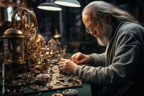 A clockmaker carefully assembling intricate timepieces. Generative Ai.