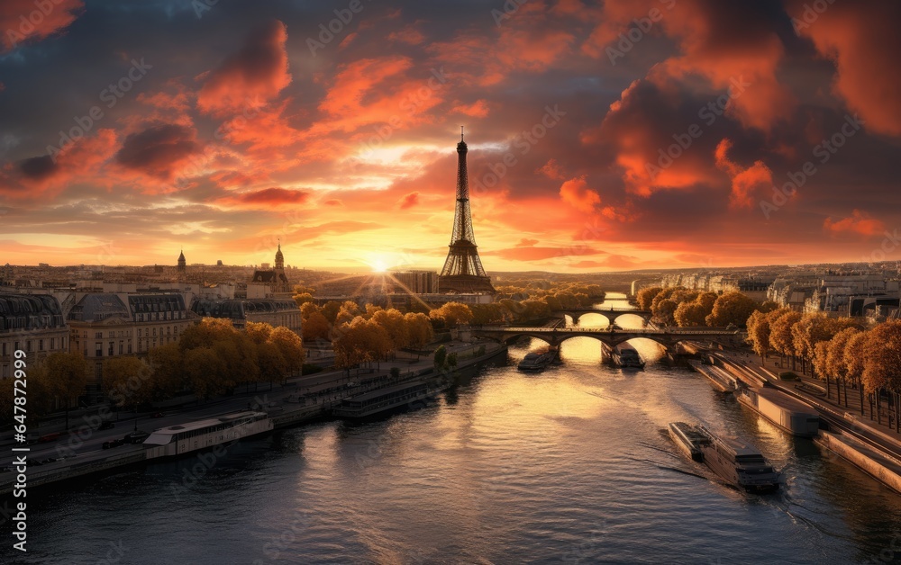 Fototapeta premium Panoramic sunset over Paris. Generative AI