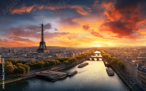 Panoramic sunset over Paris. Generative AI © piai