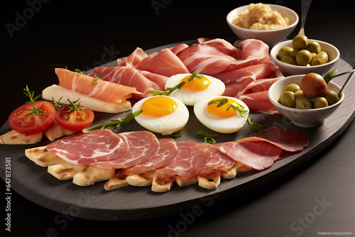 A traditional German platter with a variety of meats, eggs, olives, tomatoes, and bread