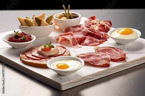 A traditional German platter with a variety of meats, cheeses, eggs, and fruit