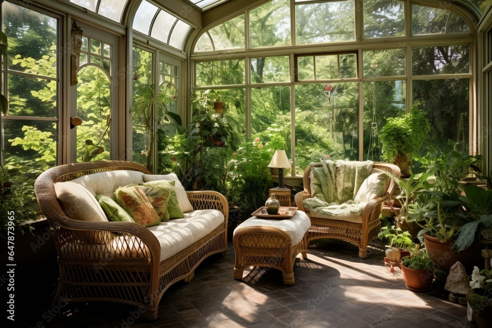 A lush sunroom with plants and rattan furniture. Generative AI - obrazy, fototapety, plakaty 