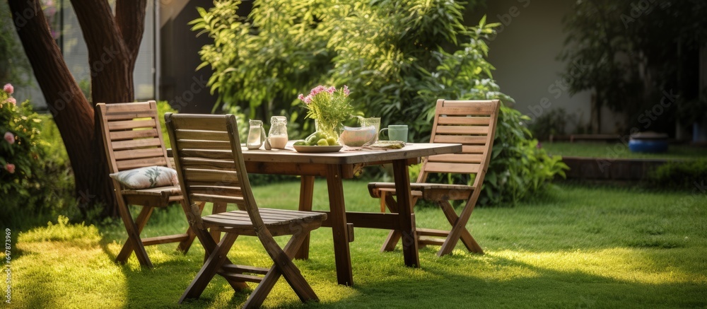 Picnic furniture set with vacant seating and table outdoors