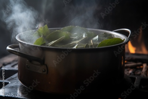Close-Up of Several Bay Leaves Simmering in a Pot - Aromatic Cooking Ingredient